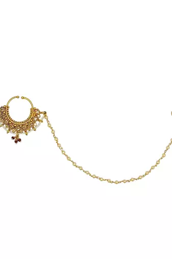 Gold-plated rajwadi clip on nose ring with chain nathiya
