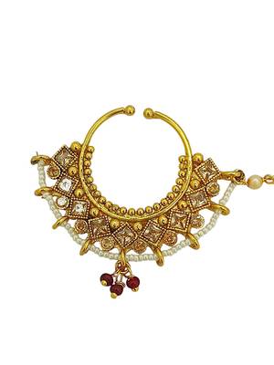 Gold-plated rajwadi clip on nose ring with chain nathiya 3