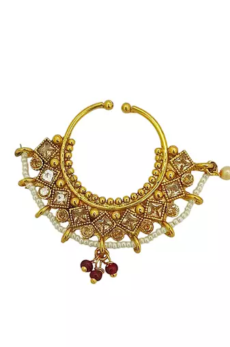 Gold-plated rajwadi clip on nose ring with chain nathiya