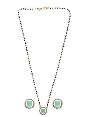 Gold plated black beaded sea green ad stone mangalsutra with earrings 2