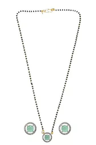 Gold plated black beaded sea green ad stone mangalsutra with earrings