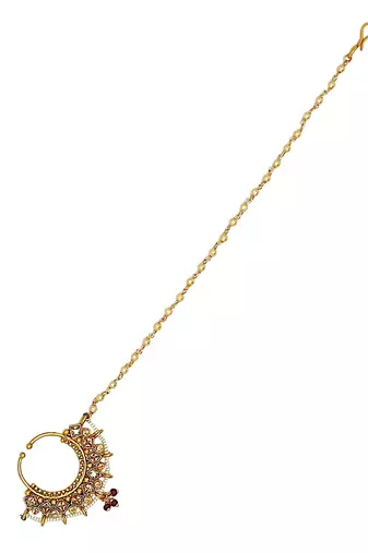 Gold-plated rajwadi clip on nose ring with chain nathiya