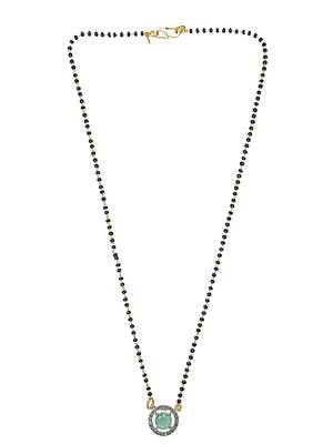 Gold plated black beaded sea green ad stone mangalsutra with earrings 3