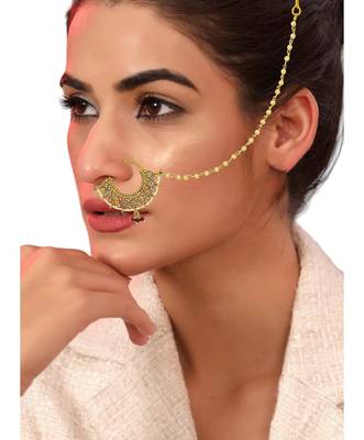 Gold-plated rajwadi clip on nose ring with chain nathiya 5
