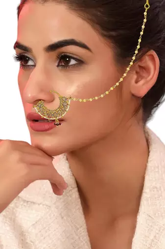 Gold-plated rajwadi clip on nose ring with chain nathiya