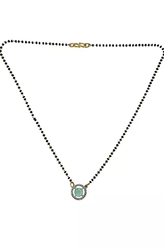 Gold plated black beaded sea green ad stone mangalsutra with earrings