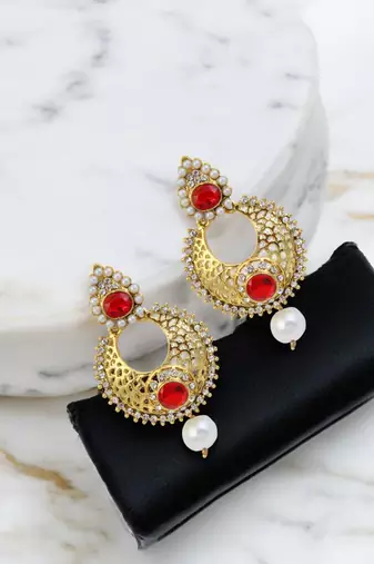 Gold plated cubic zircon & pearls studded earrings