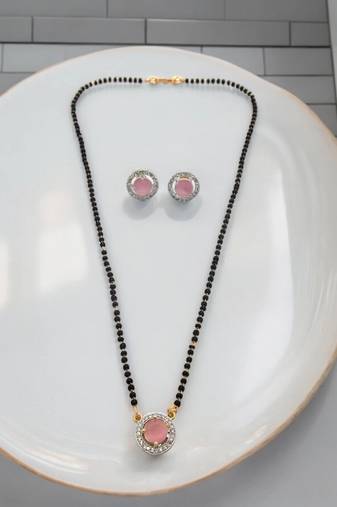 Gold plated black beaded pink ad stone mangalsutra with earrings