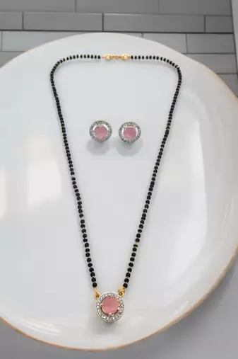 Gold plated black beaded pink ad stone mangalsutra with earrings