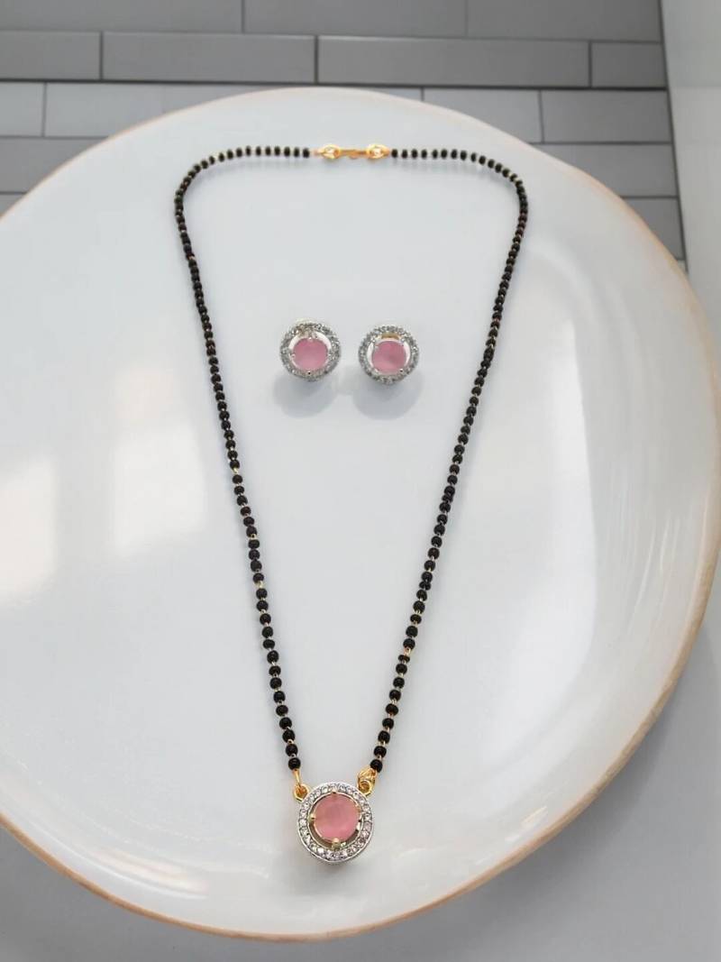 Gold plated black beaded pink ad stone mangalsutra with earrings