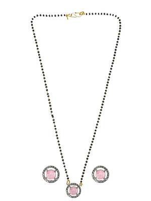 Gold plated black beaded pink ad stone mangalsutra with earrings 2