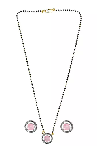 Gold plated black beaded pink ad stone mangalsutra with earrings