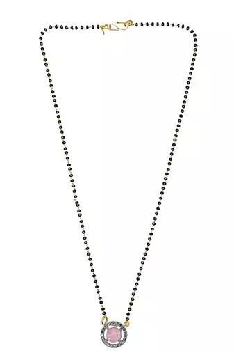 Gold plated black beaded pink ad stone mangalsutra with earrings