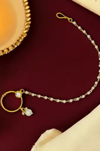 Gold-plated kundan studded nose ring with chain nathiya