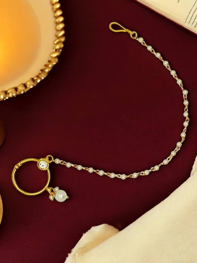Gold-plated kundan studded nose ring with chain nathiya