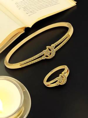 Gold plated cubic zircon studded star & moon design bracelet with ring 1