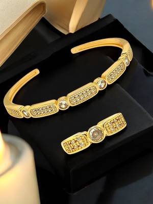 Gold plated zirconia studded cuff bracelet with ring 1