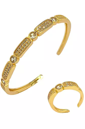 Gold plated zirconia studded cuff bracelet with ring