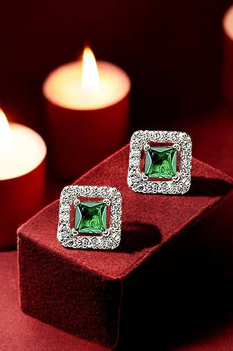 Silver plated green american diamond studded drop earrings