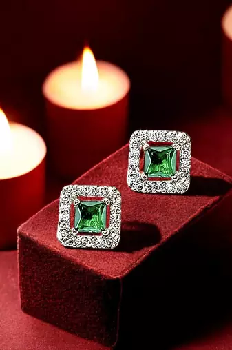 Silver plated green american diamond studded drop earrings