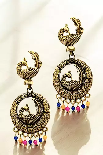 Gold oxidised peacock design chandbali earrings