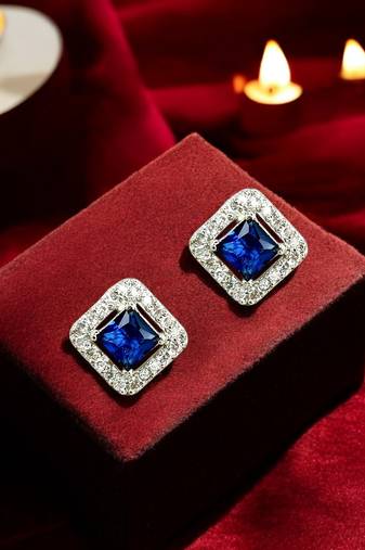 Silver plated blue american diamond studded drop earrings