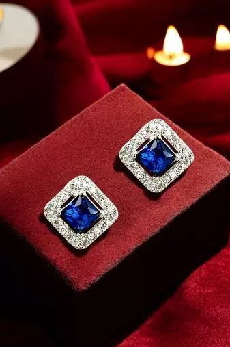 Silver plated blue american diamond studded drop earrings