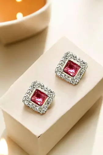 Silver plated red american diamond studded drop earrings