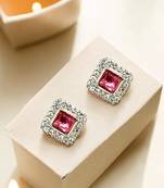 Silver plated red american diamond studded drop earrings