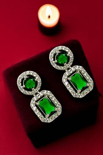 Silver plated american diamond studded drop gree earrings