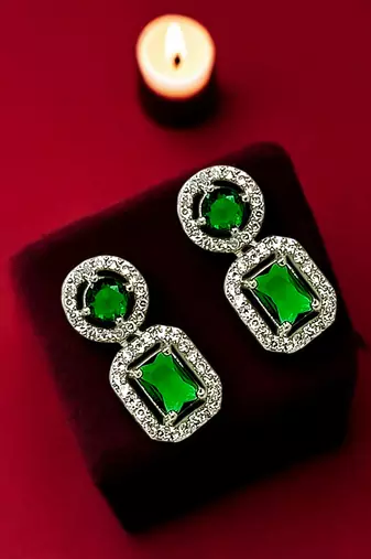 Silver plated american diamond studded drop gree earrings