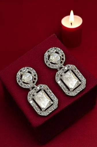 Silver plated american diamond studded drop earrings