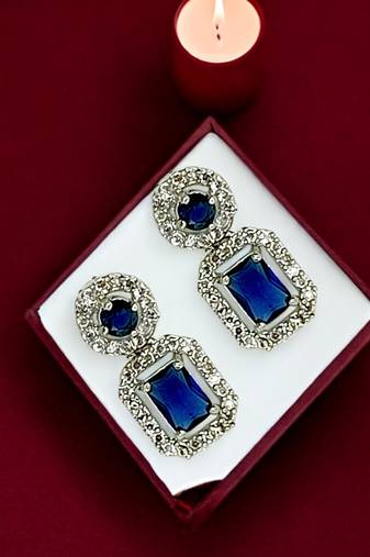Silver plated american diamond blue studded drop earrings for women
