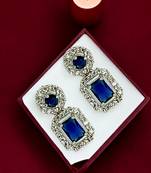 Silver plated american diamond blue studded drop earrings for women