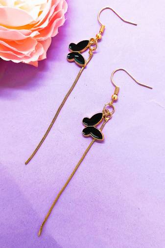 Gold tone bohemian style dangle earrings with black enamel pendants earrings