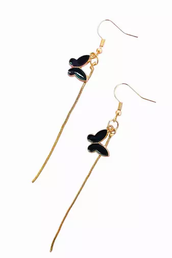 Gold tone bohemian style dangle earrings with black enamel pendants earrings