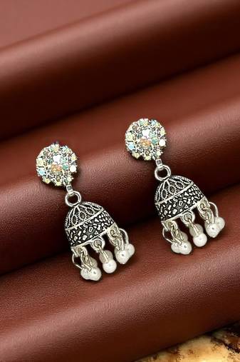 Silver plated cubic zircon studded jhumki