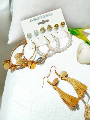 Golden cascade: gold-plated tassel and pearl fusion stud and hoop earring ensemble 1