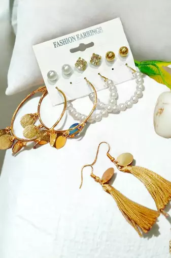 Golden cascade: gold-plated tassel and pearl fusion stud and hoop earring ensemble