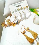 Golden cascade: gold-plated tassel and pearl fusion stud and hoop earring ensemble