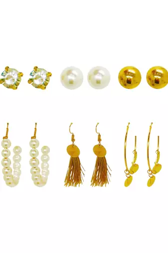 Golden cascade: gold-plated tassel and pearl fusion stud and hoop earring ensemble