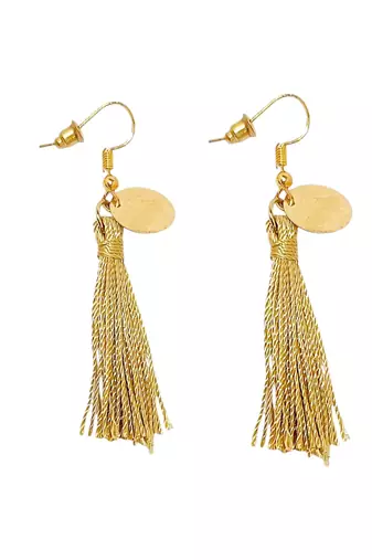 Golden cascade: gold-plated tassel and pearl fusion stud and hoop earring ensemble