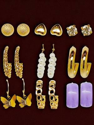 Gleaming harmony: 9-piece gold plated hoop and stud earring collection 1