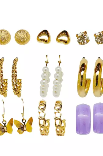 Gleaming harmony: 9-piece gold plated hoop and stud earring collection