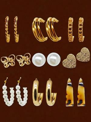 Gilded radiance: 9-piece gold plated hoop and stud earring collection 1