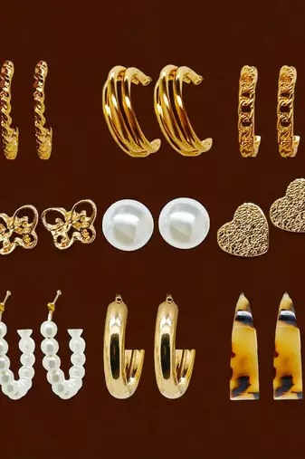 Gilded radiance: 9-piece gold plated hoop and stud earring collection