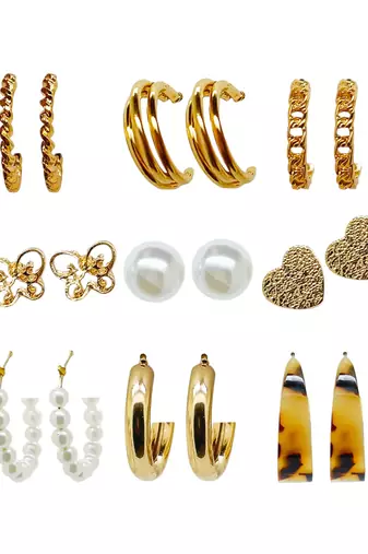 Gilded radiance: 9-piece gold plated hoop and stud earring collection