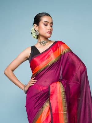 Magenta Colour Saree With Red, Orange and Golden Border 2