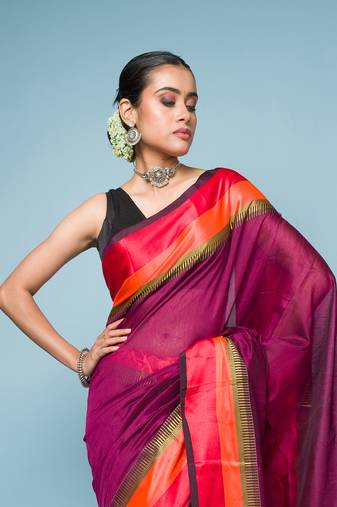 Magenta Colour Saree With Red, Orange and Golden Border