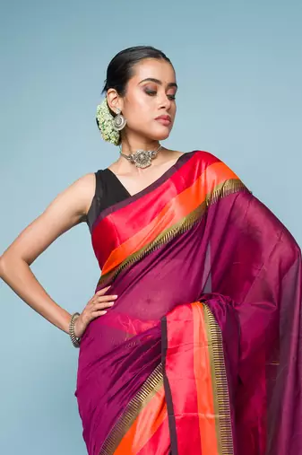 Magenta Colour Saree With Red, Orange and Golden Border
